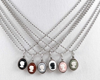 Petite Vintage Cameo Necklace | Tiny Victorian Cameo Pendant on Stainless Steel