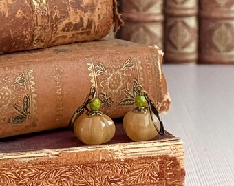 Autumn Pumpkin Earrings | Dainty Orange Stone Pumpkins | Topaz Jade