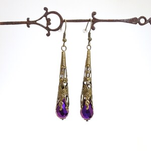 Metallic Filigree Victorian Drop Earrings Teardrop Dangle Steampunk Earrings Antique Bronze Purple