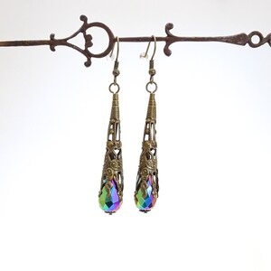 Metallic Filigree Victorian Drop Earrings Teardrop Dangle Steampunk Earrings Antique Bronze Rainbow