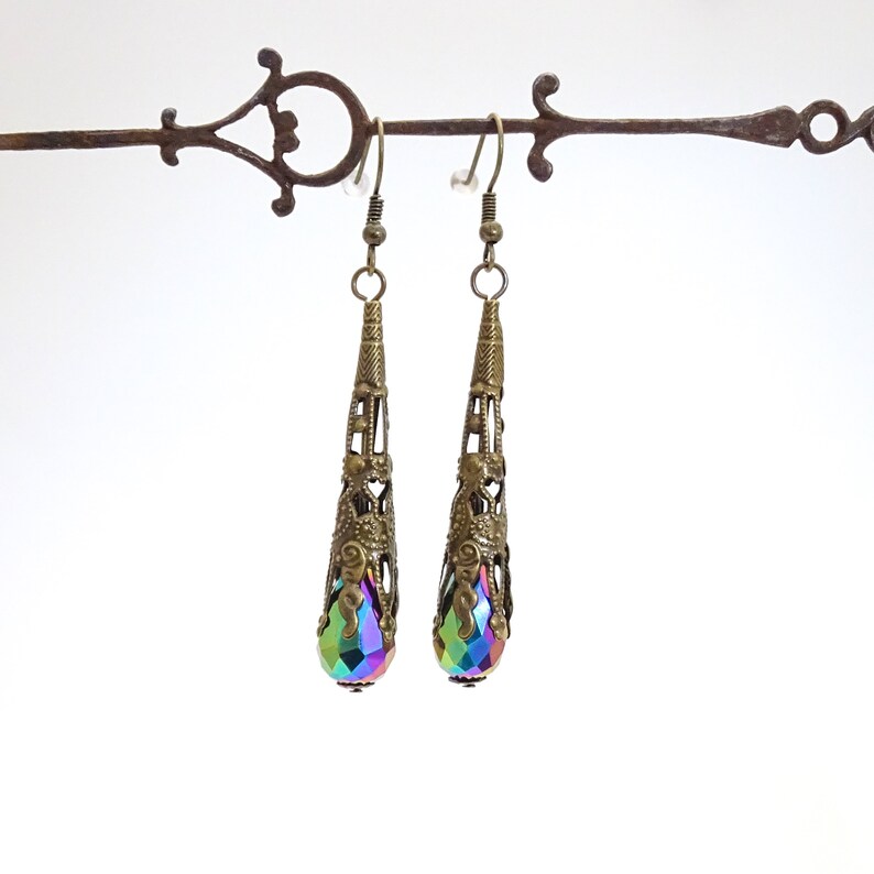 Metallic Filigree Victorian Drop Earrings Teardrop Dangle Steampunk Earrings Antique Bronze Rainbow