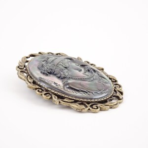 Victorian Cameo Brooch Hand Carved Shell Cameo Pin Victorian Lady Brooch Antique Bronze image 3