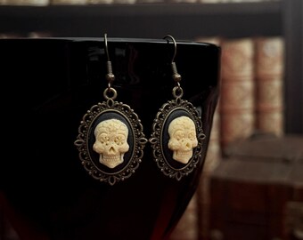 Skull Cameo Earrings for Halloween · Day of the Dead Sugar Skull 3D Dangle Earrings