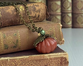 Stone Pumpkin Pendant | Natural Real Stone Autumn Necklace | Red Jasper Pumpkin