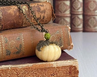 Stone Pumpkin Pendant | Natural Real Stone Autumn Necklace | Topaz Jade Pumpkin