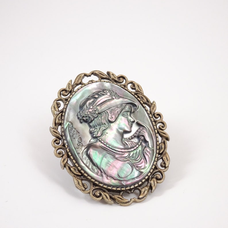 Victorian Cameo Brooch Hand Carved Shell Cameo Pin Victorian Lady Brooch Antique Bronze image 1