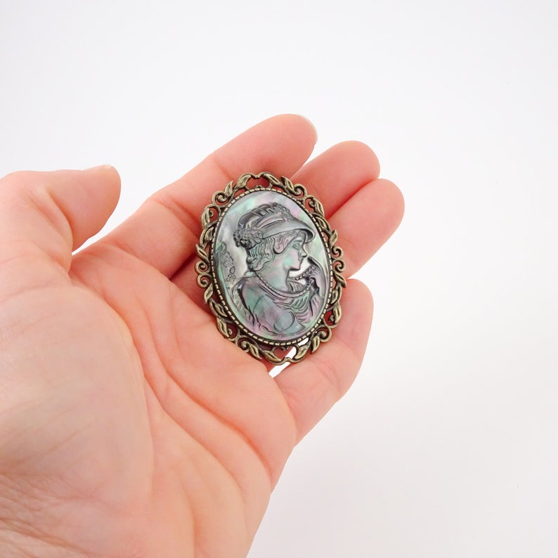 Victorian Cameo Brooch Hand Carved Shell Cameo Pin Victorian Lady Brooch Antique Bronze image 6