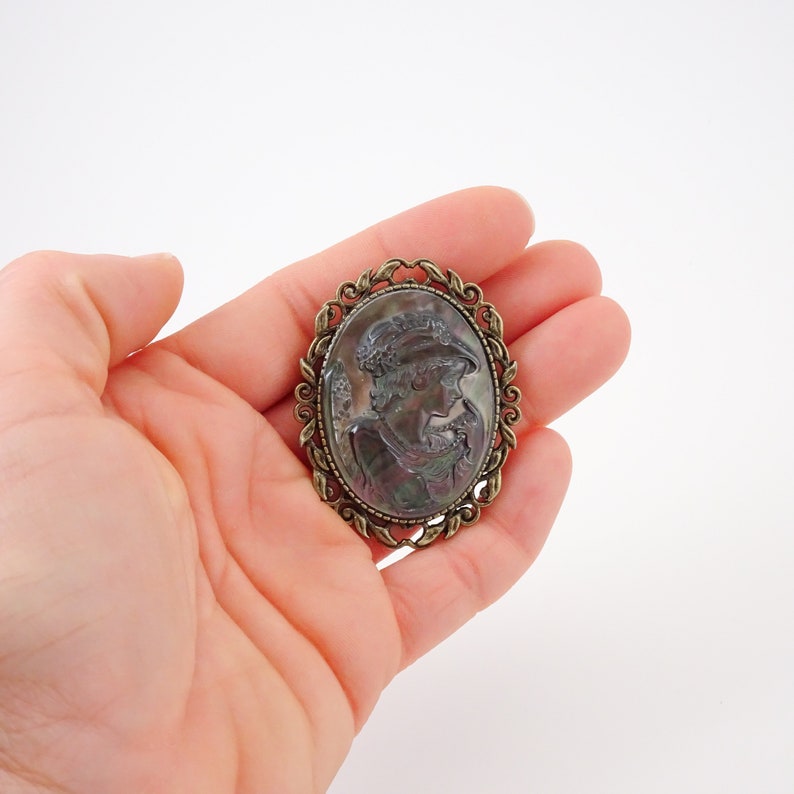 Victorian Cameo Brooch Hand Carved Shell Cameo Pin Victorian Lady Brooch Antique Bronze image 5