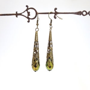 Metallic Filigree Victorian Drop Earrings Teardrop Dangle Steampunk Earrings Antique Bronze Pale Green
