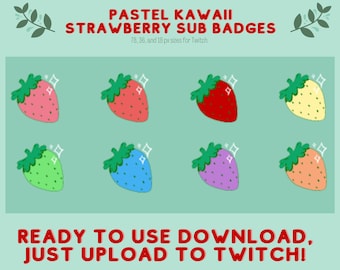 May include: A set of eight pastel-colored strawberry sub badges for Twitch. The badges are in various colors, including pink, red, yellow, green, blue, purple, and orange. The badges are ready to use and can be uploaded to Twitch.