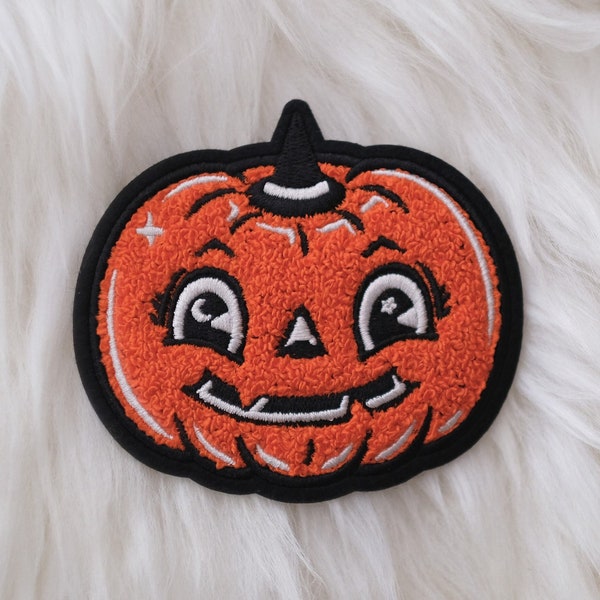 Orange Pumpkin Patch, Chenille Iron On Patch, Vintage Halloween Design, Spooky Cute Jack o Lantern