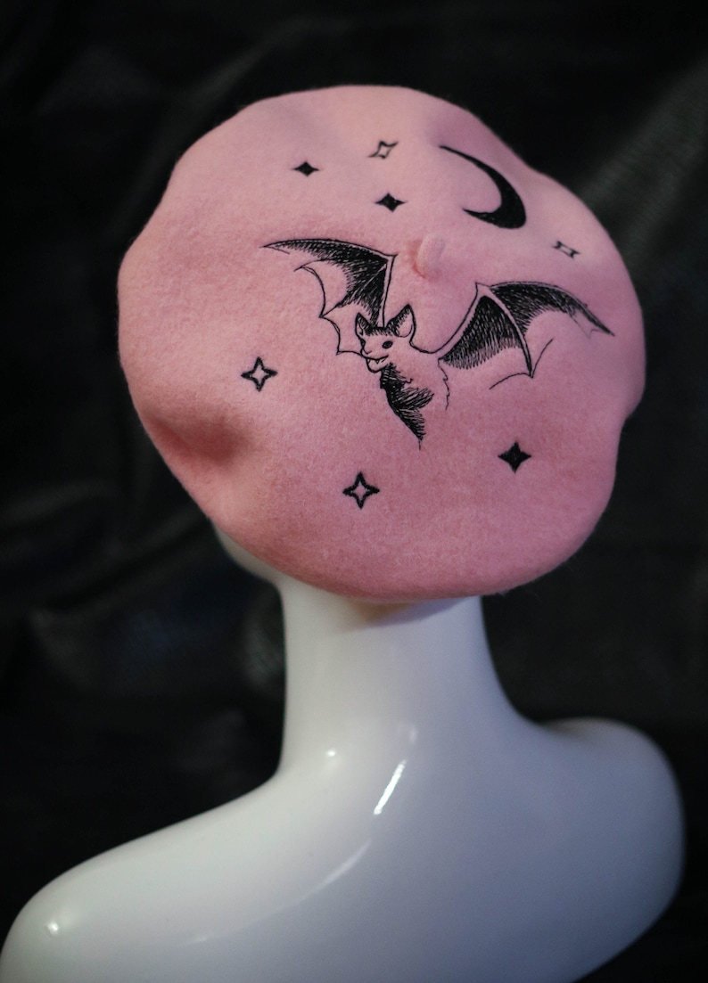 Pink Bat Beret, Embroidered Wool Slouchy Hat, Winter Gothic Hat 