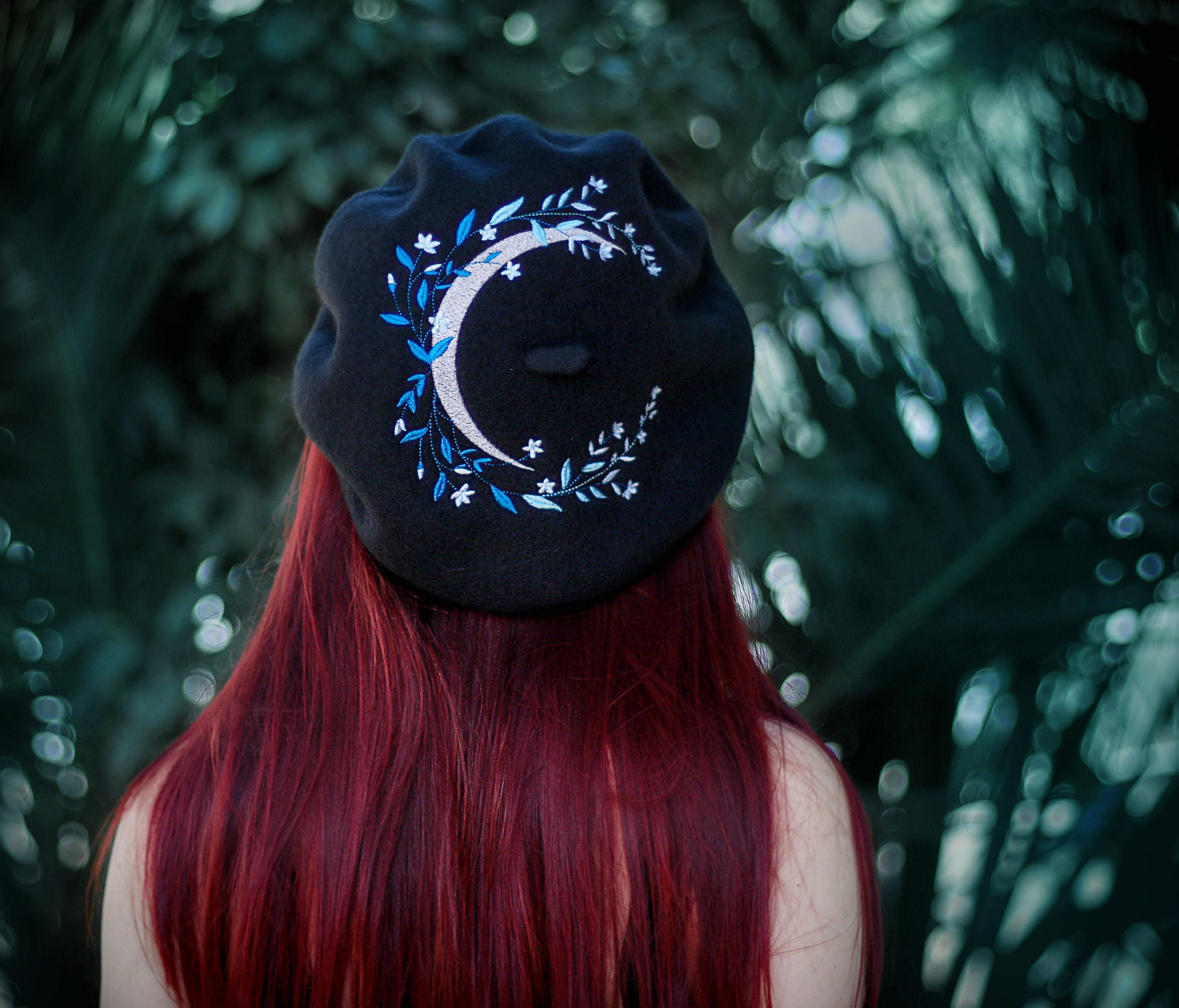 Embroidered Moon Beret, Wool Winter Hat, Women's Embroidered Hat