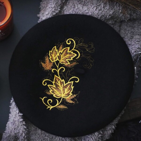 Embroidered Leaves Beret, Gothic Autumn Leaves Slouchy Hat - Fall and Winter Hat