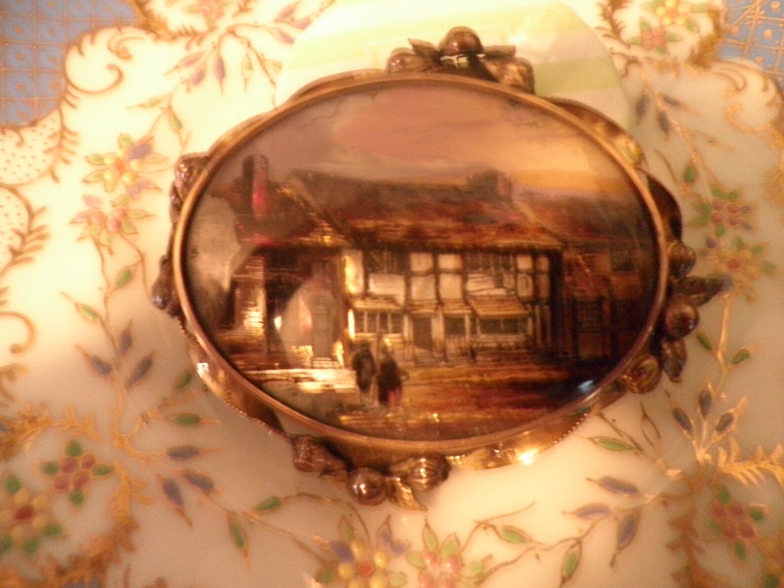 Antique Victorian Hand Painted on Glass Gold Filled Brooch. Etsy