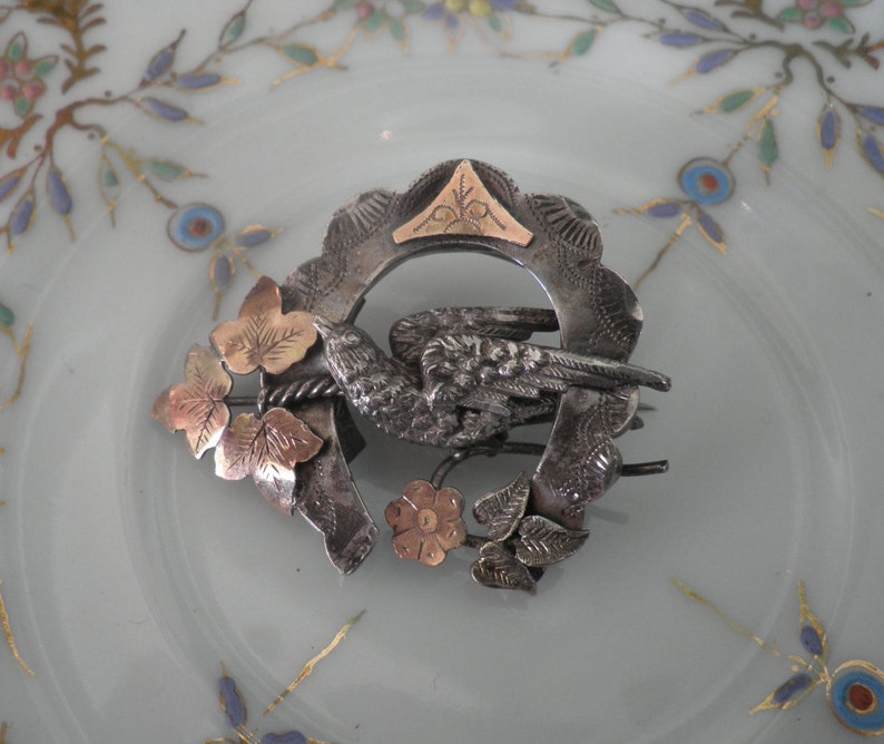 Antique Victorian Aesthetic Era Sterling Rose Gold Overlay Brooch image 1