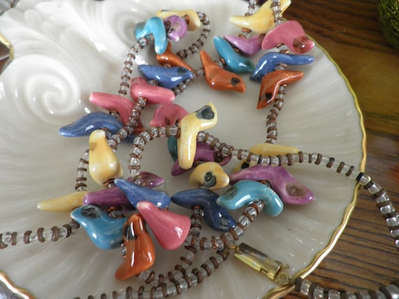 Vintage Hand Beaded Colorful Pottery made Bird Necklace
