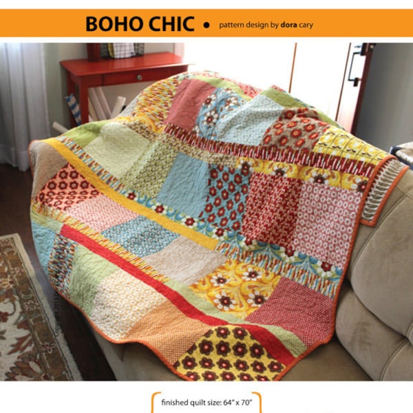 Modern quilt pattern - "Boho Chic" - Easy & fun quilt using precuts - Layer Cake squares, Jelly Roll strips - 64"x70" - Instant download PDF