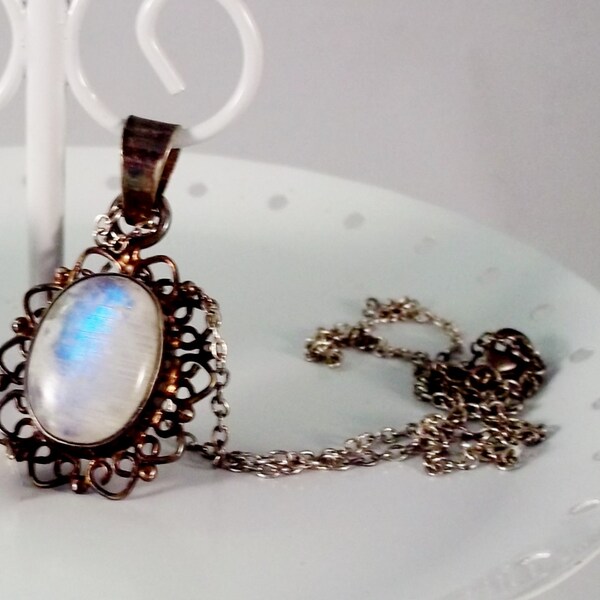 Oxidized moonstone pendant sterling silver necklace rainbow moonstone gemstone jewelry healing stones blue flash