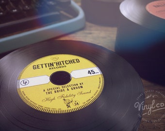 Vintage Wedding favor - Vinyl CDs // Gettin' Hitched Records - Yellow label