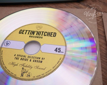 Vintage Invitation Idea & Wedding favors - Retro Vinyl CDs. Platinum // Yellow label