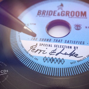 Custom Printed Vintage Wedding invites and wedding favours. Unique Vinyl CDs from the Bride & Groom Blue label image 5