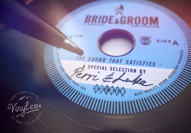 Custom Printed Vintage Wedding invites and wedding favours. Unique Vinyl CDs from the Bride & Groom Blue label image 5