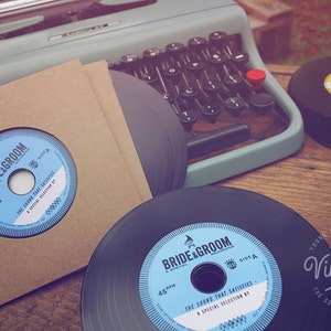 Custom Printed Vintage Wedding invites and wedding favours. Unique Vinyl CDs from the Bride & Groom Blue label image 1