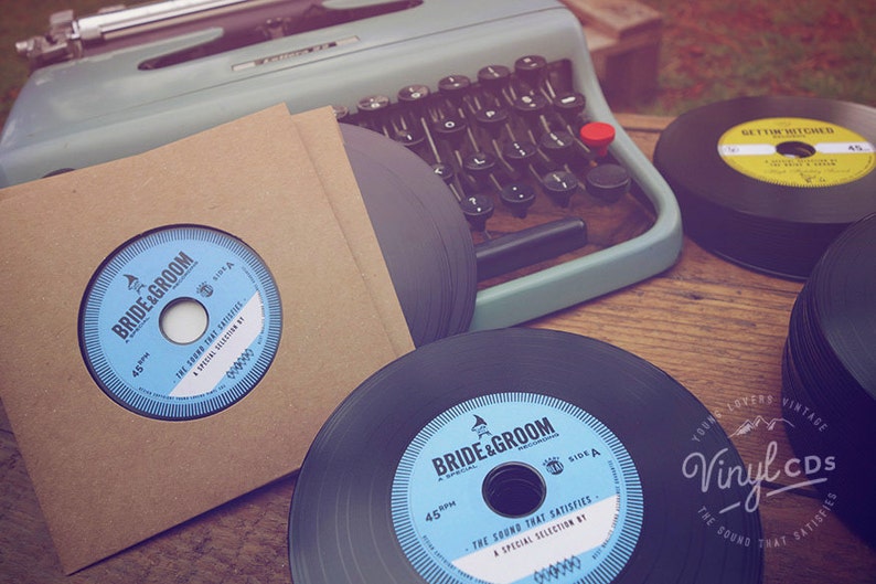 Custom Printed Vintage Wedding invites and wedding favours. Unique Vinyl CDs from the Bride & Groom Blue label image 1