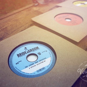 Custom Printed Vintage Wedding invites and wedding favours. Unique Vinyl CDs from the Bride & Groom Blue label image 3