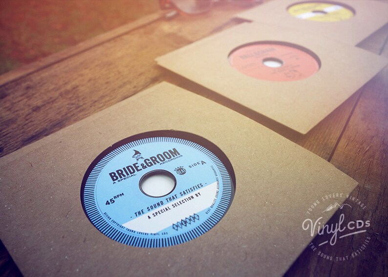 Custom Printed Vintage Wedding invites and wedding favours. Unique Vinyl CDs from the Bride & Groom Blue label image 3