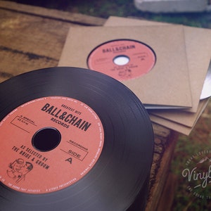 Vintage Wedding favour idea: Indie, Jazz, Retro, Rock & Roll Vinyl CD Invitations by the Bride and Groom Red label image 1