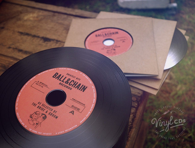 Vintage Wedding favour idea: Indie, Jazz, Retro, Rock & Roll Vinyl CD Invitations by the Bride and Groom Red label image 1