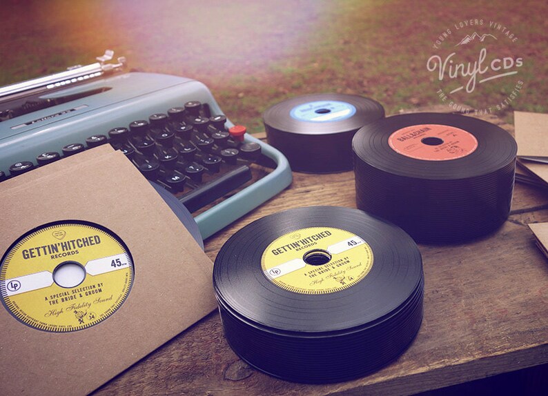 Vintage Wedding favor Vinyl CDs // Gettin' Hitched Records Yellow label image 5