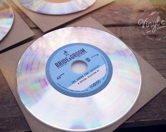 Unique Vintage Wedding Vinyl CD invites, wedding favors from the Bride & Groom.  Platinum // Blue label