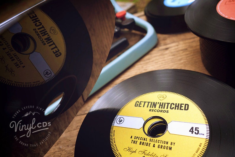 Vintage Wedding favor Vinyl CDs // Gettin' Hitched Records Yellow label image 4