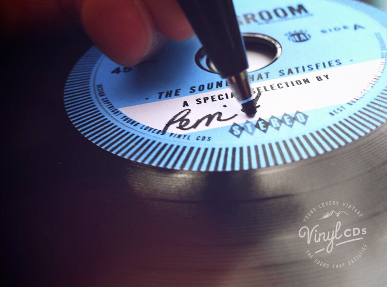 Custom Printed Vintage Wedding invites and wedding favours. Unique Vinyl CDs from the Bride & Groom Blue label image 4