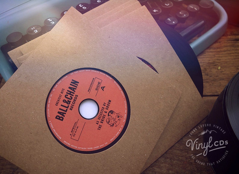 Vintage Wedding favour idea: Indie, Jazz, Retro, Rock & Roll Vinyl CD Invitations by the Bride and Groom Red label image 3