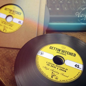 Vintage Wedding favor Vinyl CDs // Gettin' Hitched Records Yellow label image 3