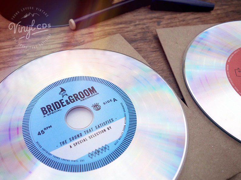 Einzigartige Vintage Hochzeit Vinyl CD lädt ein, Hochzeit Gefälligkeiten von der Braut & Bräutigam. Platin / / Blue Label Bild 4