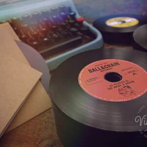 Vintage Wedding favour idea: Indie, Jazz, Retro, Rock & Roll Vinyl CD Invitations by the Bride and Groom Red label image 2