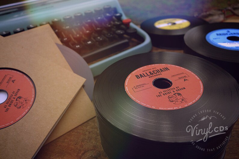 Vintage Wedding favour idea: Indie, Jazz, Retro, Rock & Roll Vinyl CD Invitations by the Bride and Groom Red label image 2
