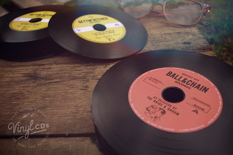 Vintage Wedding favour idea: Indie, Jazz, Retro, Rock & Roll Vinyl CD Invitations by the Bride and Groom Red label image 4
