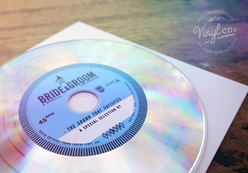 Einzigartige Vintage Hochzeit Vinyl CD lädt ein, Hochzeit Gefälligkeiten von der Braut & Bräutigam. Platin / / Blue Label Bild 2