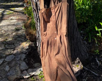 Vestido maxi de seda y algodón, único en su tipo, teñido en tonos tierra