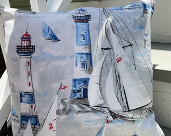 Coastal themed throw pillows, 18 x 18 inches, sailboats and lighthouses, seascape pillow