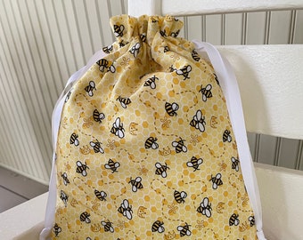 Bumblebee Cotton Gift Bag: Yellow Fabric Drawstring Pouch (9.5 x 12 inches)