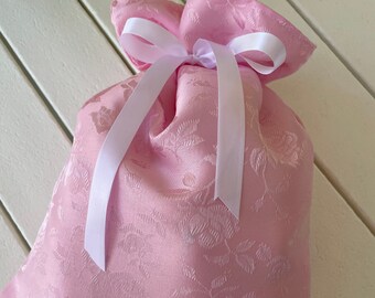 Pink satin gift bag, lined in white cotton with white satin ribbon, 2 sizes