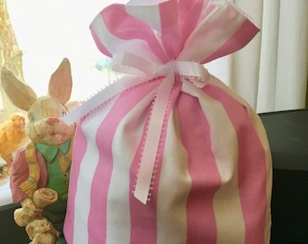 Pink Striped Cotton Gift Bag with Satin Ribbon