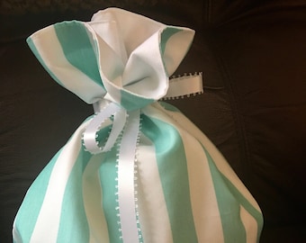 Striped Cotton Gift Bag: Turquoise & White, Lined